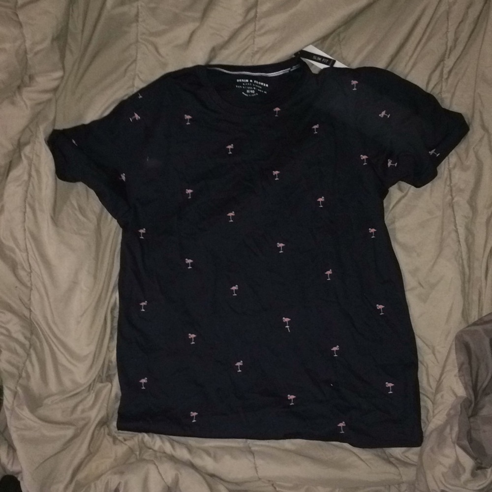 Denim and Flower t-shirt (flamingo on dark blue)